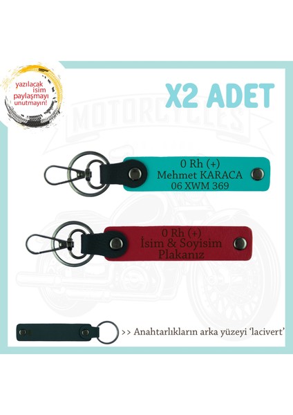 Motorcuya Tarz Hediye, Isim Plaka ve 0 Rh (+) Kan Grubu, 2'li Anahtarlık Set, Kırmızı-K Turkuaz-Laci