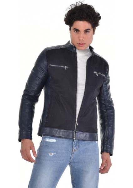 Hakiki Deri Siyah Erkek Deri Mont Önden Kumaş Detaylı Üst ve Yandan Fermuarlı Deri Ceket fiyatları