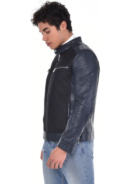 Hakiki Deri Siyah Erkek Deri Mont Önden Kumaş Detaylı Üst ve Yandan Fermuarlı Deri Ceket indirimleri