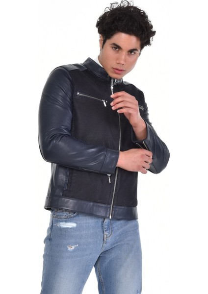 Hakiki Deri Siyah Erkek Deri Mont Önden Kumaş Detaylı Üst ve Yandan Fermuarlı Deri Ceket