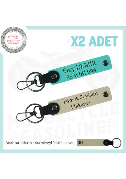 Motosiklet Tutkunlarına Özgü, Isim ve Plaka Yazılı Deri X2' Li Anahtarlık, Sütlü Kahve-Turkuaz-Sk