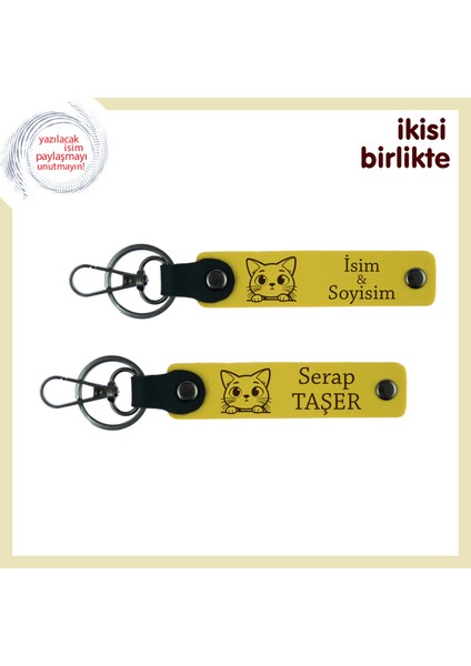 Evcil Kediyle Paylaşılan Her Güne Saygı Duruşu, Yazılabilir Deri Anahtarlık, Sarı-Sarı