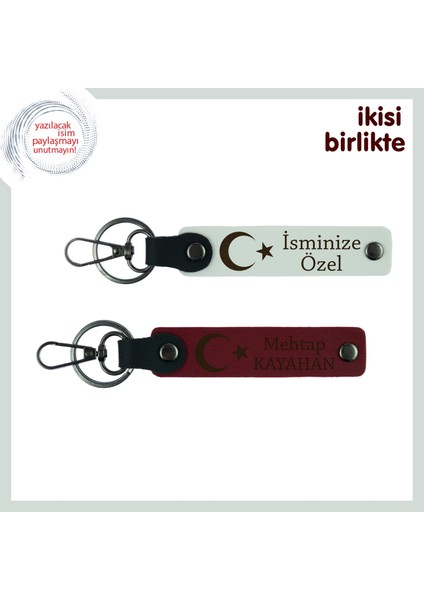 Sevdiklerine Sürpriz Yap Ay Yıldız Temalı Kişisel Isimli & Soyisimli Ikili Anahtarlık, Beyaz-Bordo