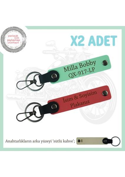 Motosiklet Severlere, Isim ve Plaka ve Yazılı Özel Tasarım X2 Deri Anahtarlık, Nar Çiçeği-Yeşil-Sk