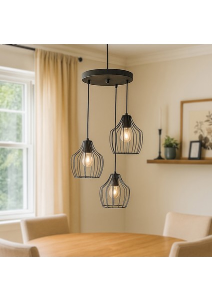 Nisa Luce Burgaz 3'lü Avize - Siyah - 85X30X30 cm