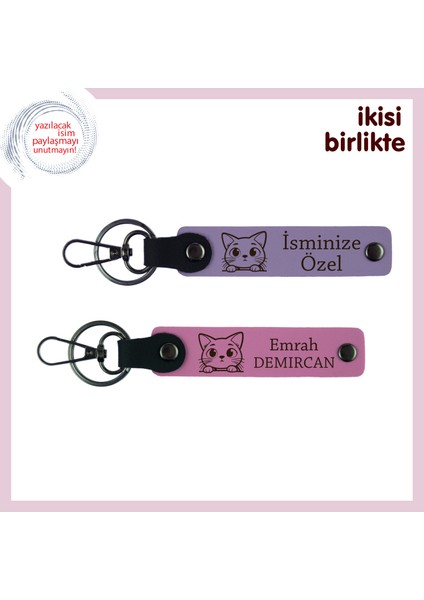 Ev Arkadaşı Kedine Özel Hediyelik, Isimli Deri Anahtarlık Takımı, Mor Menekşe-Pembe