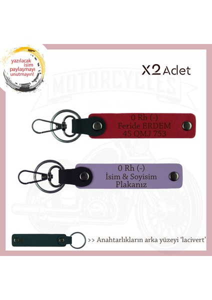 Yol Arkadaşlarına Özel, Isim Plaka ve 0 Rh (-) Kan Grubu Kişisel X2' Li Anahtarlık, Mor-Kırmızı-Laci