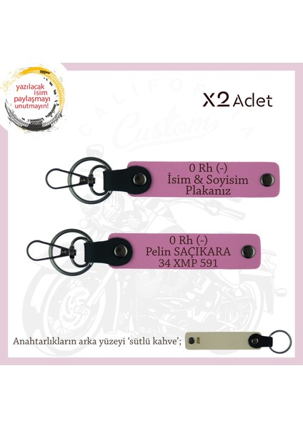 Yol Tutkunlarına Özel, Isim Plaka ve 0 Rh (-) Kan Grubu Yazılı Deri X2 Anahtarlık Hediye, Pembe-Sk