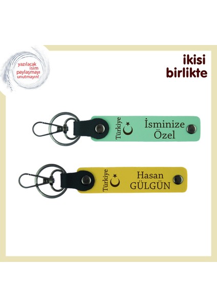 Isim Soyisim Yazılı 2’li Anahtarlık Ayyıldız ve Türkiye Desenli, Sevdiklerine Armağan, Yeşil-Sarı