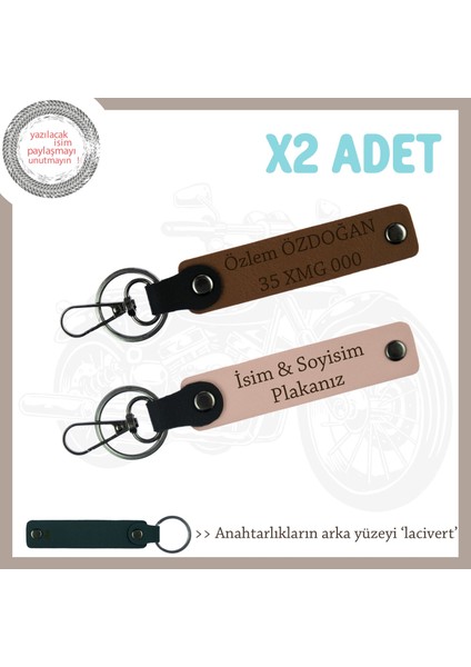 Motor Stiline Uygun, Isim ve Plaka Yazılı Hediyelik Deri X2 Anahtarlık Seti, Yavruağzı-Kahve-Laci