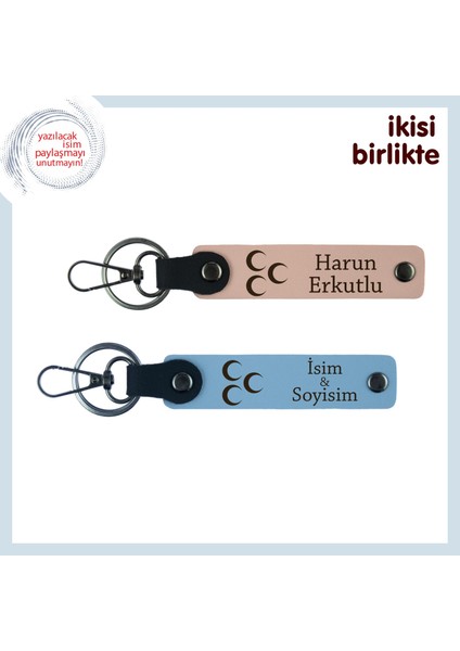 Vefayı Simgeleyen Hediye – Üç Hilal Kişisel Deri Anahtarlık X2, Yavru Ağzı-Gök Mavi