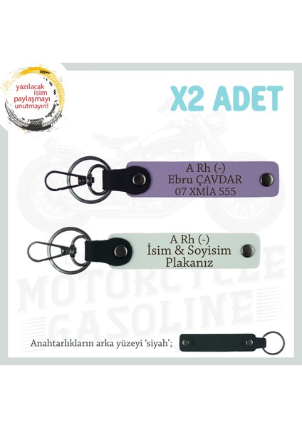 Motorcu Babalara Hediye Isim Plaka ve A Rh (-) Kan Grubu Yazılı X2 Anahtarlık Takım, Mor-Beyaz-Syh