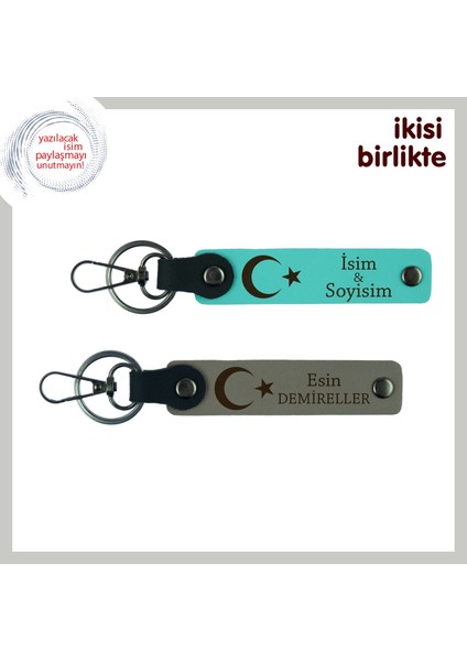 Sevgiliye Kadar Yolu Olan Bir Hatıra – Ay Yıldız Desenli Anahtarlık Takımı, Turkuaz-Kül Gri