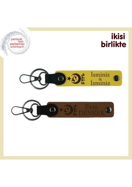 Aşkı Yaşat – Ayyıldız Kurt Göktürk Desenli Kişisel Deri Anahtarlık Hediyelik Set X2, Sarı-Kahve