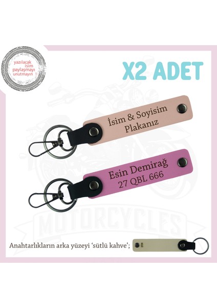 Sevgili Motorculara Hediye, Isim ve Plaka Yazılı Deri 2’li Anahtarlık Takımı, Yavruağzı-Pembe-Sk