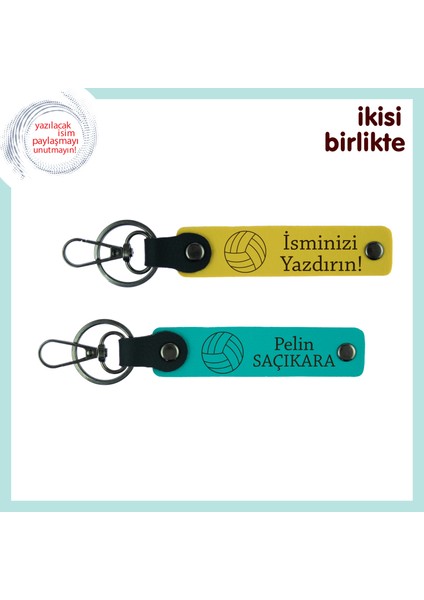 Voleybol Sevdasını Üzerinde Taşıyan Hediye, Deri Anahtarlık Seti, Sarı-Koyu Turkuaz