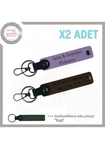 Motor Tutkunlarına Hediye, Isim ve Plaka Yazılı 2’li Deri Anahtarlık Takımı, Mor Menekşe-K Kahve-Ysl