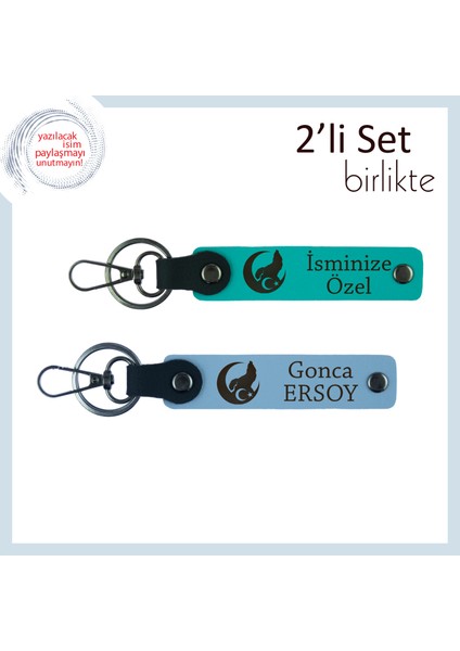 Çiftlere Anlamlı Hediye – Bozkurt ve Ayyıldız ve Isimli 2’li Anahtarlık Takımı, Koyu Turkuaz-Mavi