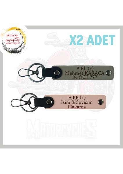 Yavruağzı-Kül Gri, Motosiklet Maceracılarına Özel, Isim Plaka ve Kan Grubu Yazılı 2'li Anahtarlık