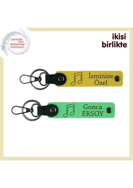 Müziğin Bağ Kurduğu Kalplere, Kişisel Yazılabilir Deri Anahtarlık Takımı, Sarı-Fıstık Yeşil