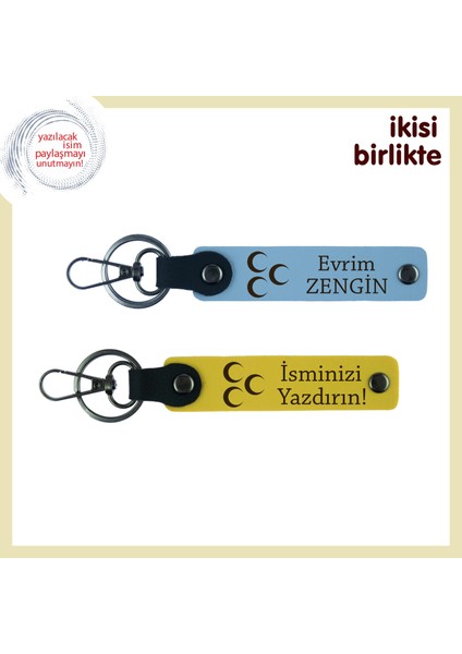 Dayıya Minnet Dolu Hatıra – Üç Hilal Desenli Isimli 2’li Anahtarlık Seti, Gök Mavi-Sarı