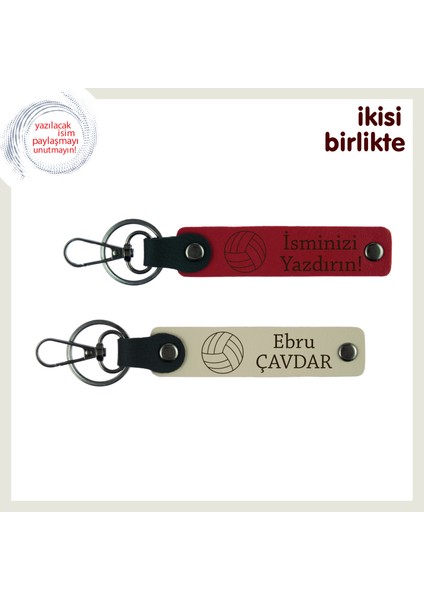 Voleybol Sevdasını Üzerinde Taşıyan Tasarım, Yazılabilir Deri Anahtarlık Takımı, Kırmızı-Sütlü Kahve