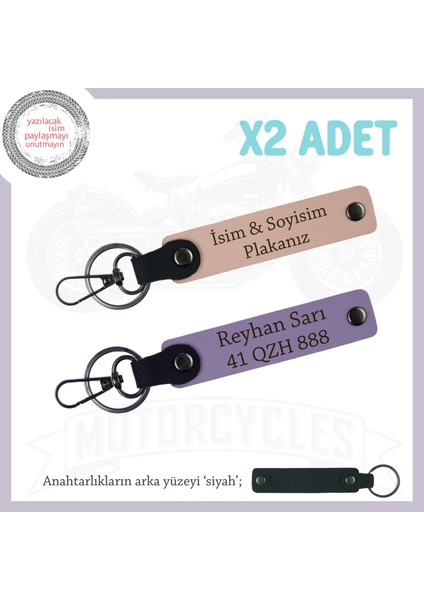 Motor Tutkunlarına Hediye, Isim ve Plaka Yazılı 2’li Deri Anahtarlık Takımı, Yavruağzı-Mor-Syh