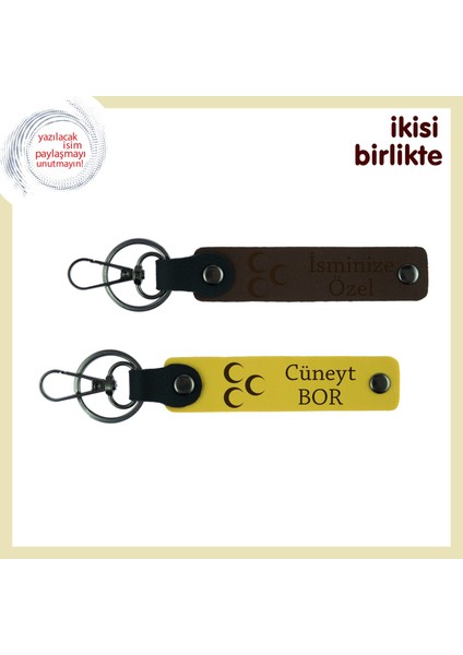 Cumhuriyet Ruhu Taşıyan Hediye – Üç Hilal Temalı, Isim Yazılabilen Anahtarlık Seti, Koyu Kahve-Sarı
