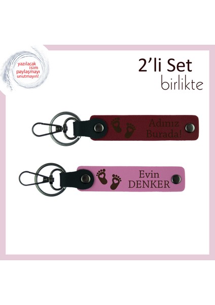 Isim Yazılabilir Kalpli Bebek Ayağı Anahtarlık, Sevimli Tasarımıyla 2’li Deri Set, Bordo-Pembe