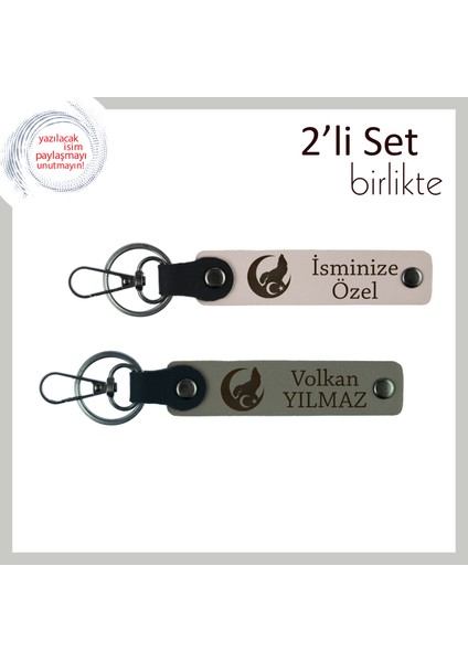 Evlilik Yıldönümü Anlamlı Hediye – Bozkurt ve Ayyıldız Temalı Deri Anahtarlık Seti, Pudra-Kül Gri