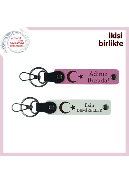 Kuzenle Paylaşılacak Hatıra – Ay Yıldız Temalı Kişiselleştirilebilir Anahtarlık, Pembe-Beyaz