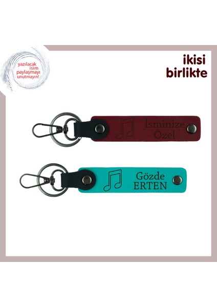 Ilk Enstrümanını Çalan Çocuğa Özel Hediye, Yazılabilir Deri Anahtarlık Takımı, Bordo-Koyu Turkuaz