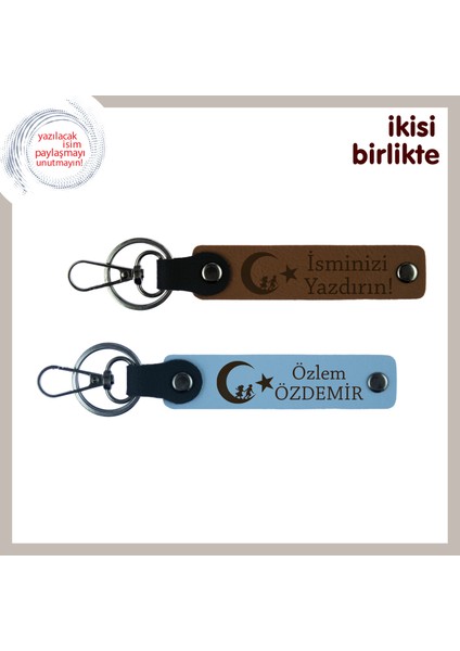 Şirket Çalışanlarına Çocuk ve Ayyıldız Hediye – Isme Özel 2’li Anahtarlık Takım, Açık Kahve-Mavi