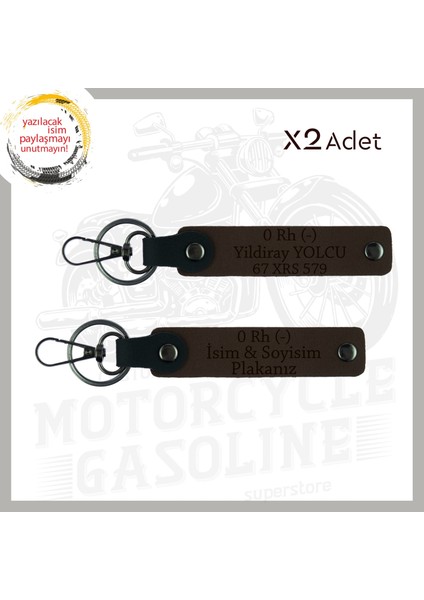Koyu Kahve, Biker Tarzına Özel, Isim Plaka ve 0 Rh (-) Kan Grubu Yazılı Hediye 2'li Anahtarlık