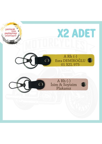 Yavruağzı-Sarı, Motorcu Dostlara, Isim Plaka ve A Rh (-) Yazılı Kişiselleştirilebilir X2 Anahtarlık