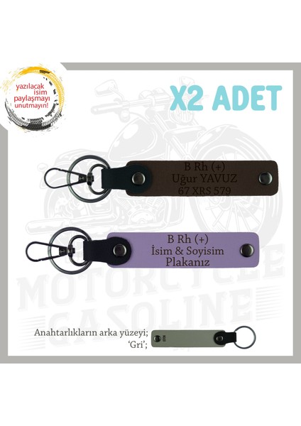 Motorcu Dostlar Için Isim Plaka ve B Rh (+) Kan Grubu, Güvenli Sürüş X2 Anahtarlık, Mor-K Kahve-Gr