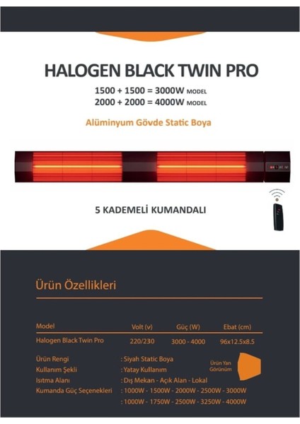 Halogen Black Twin Pro - 4000W - Kumandalı Dış Mekan Isıtıcı fiyatları
