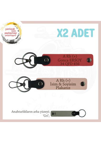 Sürücü Için Isim Plaka ve A Rh (+)Kan Grubu Yazılı Acil Durum X2 Anahtarlık, Nar Çiçeği-Yavruağzı-Gr