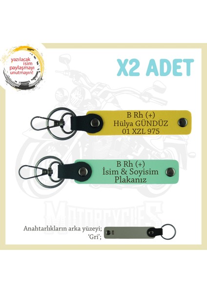 Motosiklet Severlere Özel, Isim Plaka ve B Rh (+) Kan Grubu Yazılı X2 Anahtarlıkları, Yeşil-Sarı-Gr