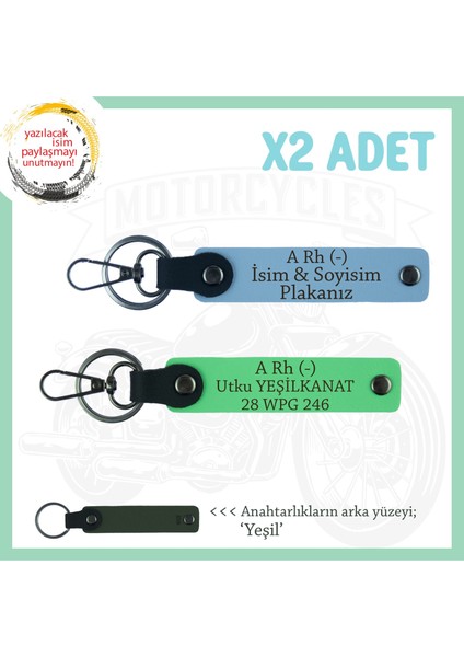 Biker Dostlarına, Isim Plaka ve A Rh (-) Kan Grubu Yazılı, Motor X2' Li Anahtarlık, Mavi-F Yeşil-Ysl