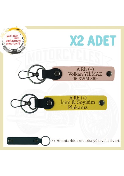 Motorcu Dostlara, Isim Plaka ve A Rh (+) Kan Grubu Yazılı 2'li Anahtarlıkset, Yavruağzı-Sarı-Laci