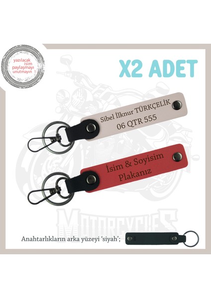 Motorculara Özel Üretilmiş, Isim ve Plaka Yazılı Kişisel X2' Li Anahtarlık Set, Nar Çiçeği-Pudra-Syh