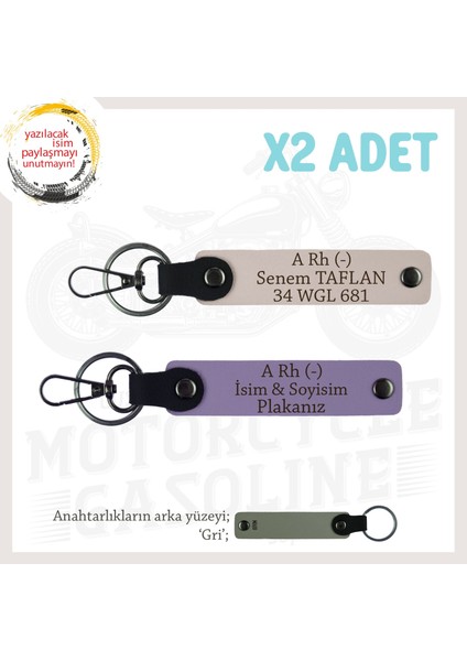 Cros Tarzına Özel, Isim Plaka ve A Rh (-) Kan Grubu Yazılı Hediye 2'li Anahtarlık Set, Mor-Pudra-Gr
