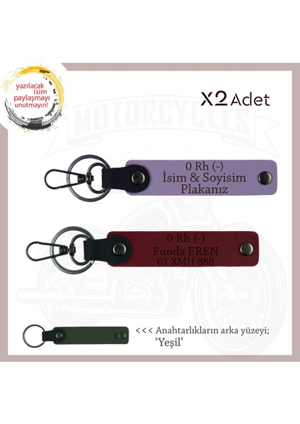 Otomobil Sahipleri Için Isim Plaka ve 0 Rh (-) Kan Grubu Yazılı 2' Li Anahtarlık Set, Mor-Bordo-Ysl