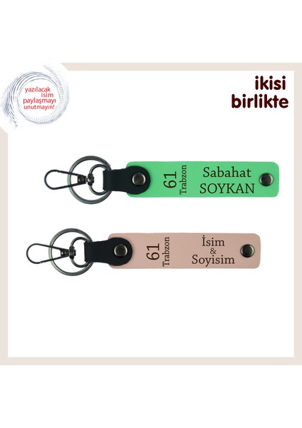 Trabzonlu Annene Anlamlı Deri Anahtarlık 2'li Set, Isim Yazılabilir Hediye, Fıstık Yeşil-Yavru Ağzı