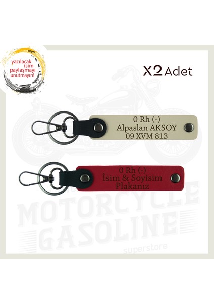 Kırmızı-S Kahve, Biker Dostlarına Özel, Isim Plaka ve 0 Rh - Kan Grubu Yazılı Hediye 2'li Anahtarlık