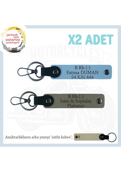 Motosiklet Aşıkları Için, Isim Plaka ve B Rh (-) Kan Grubu Yazılı X2 Anahtarlık Set, Kül Gri-Mavi-Sk