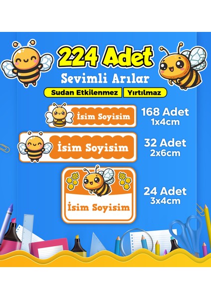 Sevimli Arı Temalı Okul Kreş Kişiye Özel Isim Etiket Seti - Model 448