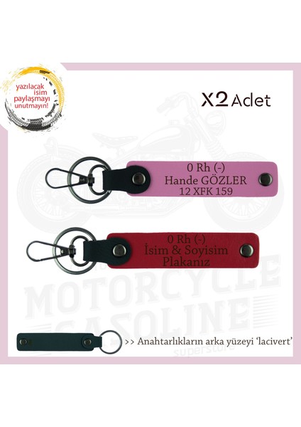 Motosiklet Aşıkları Için, Isim Plaka ve 0 Rh (-) Kan Grubu Yazılı X2 Anahtarlık, Kırmızı-Pembe-Laci