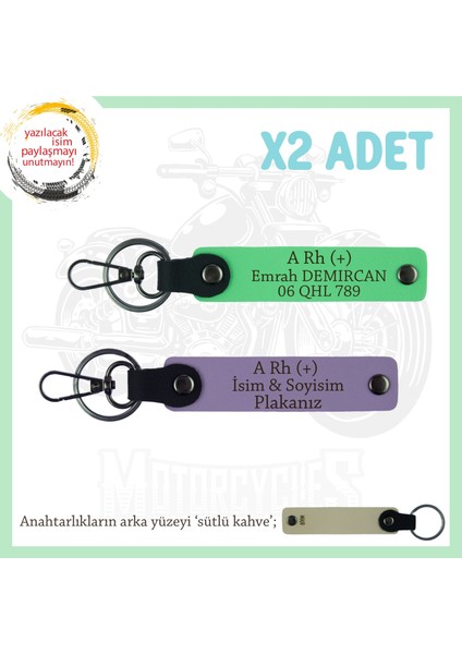 Bikerlar Için Özel, Isim Plaka ve A Rh (+) Kan Grubu Yazılı Hediye X2 Anahtarlık Set, Mor-F Yeşil-Sk